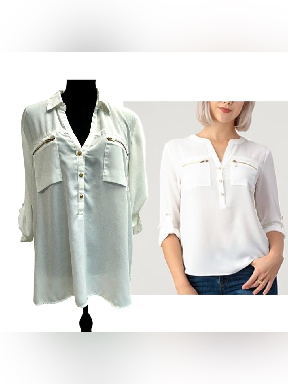 Mandee White Utility Pocket V-neck half button down Blouse roll tab sleeve XL - Picture 13 of 13
